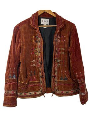 Chicos Sz 0 (US S) Embroidered Brown Velour Jacket Boho Hippie Festival Artsy